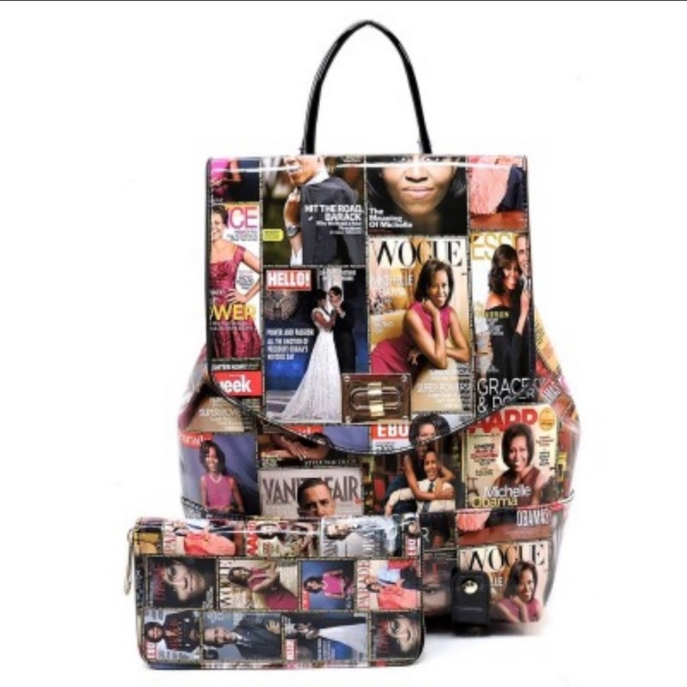🦋 New~ Obama Magazine Print Collection Flap Backpack + Wallet